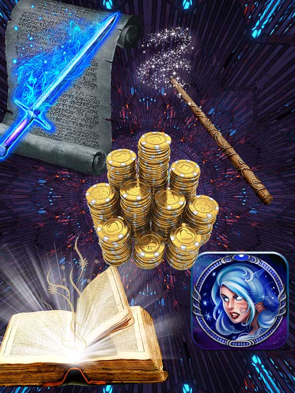 magic book with magic wand and money